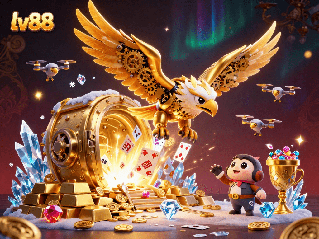 lv88 casino animation showcasing a cybernetic eagle soaring through holographic cards amidst gold treasures
