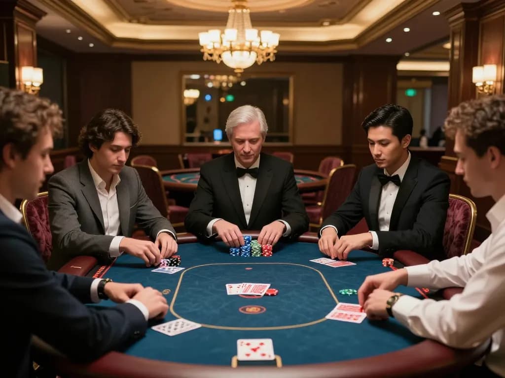 Players strategizing with chips at a luxurious table in GG88's upscale casino.