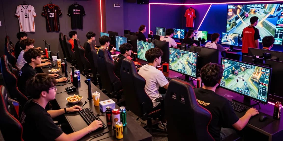 Suasana gaming esports di lounge dengan para penggemar boswin88 bersatu, layar besar dan energi tinggi.