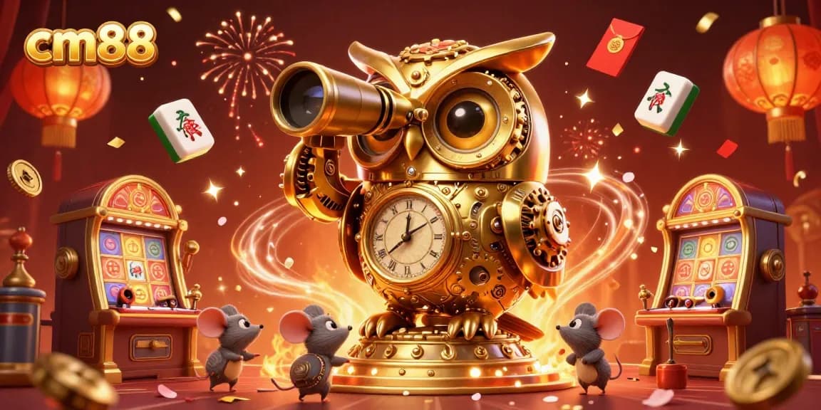 Enhance your gaming experience at cm88 with vibrant visuals of a detailed casino scene featuring a golden owl and lively elements.