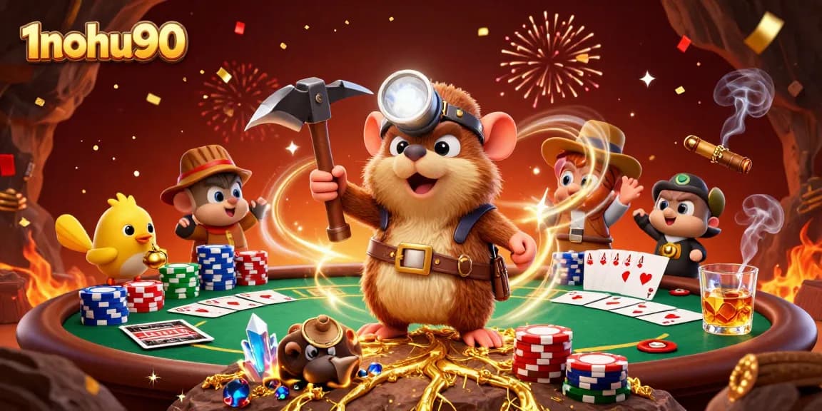 Experience the excitement of 1nohu90 with a treasure hunter mole amid a casino scene.
