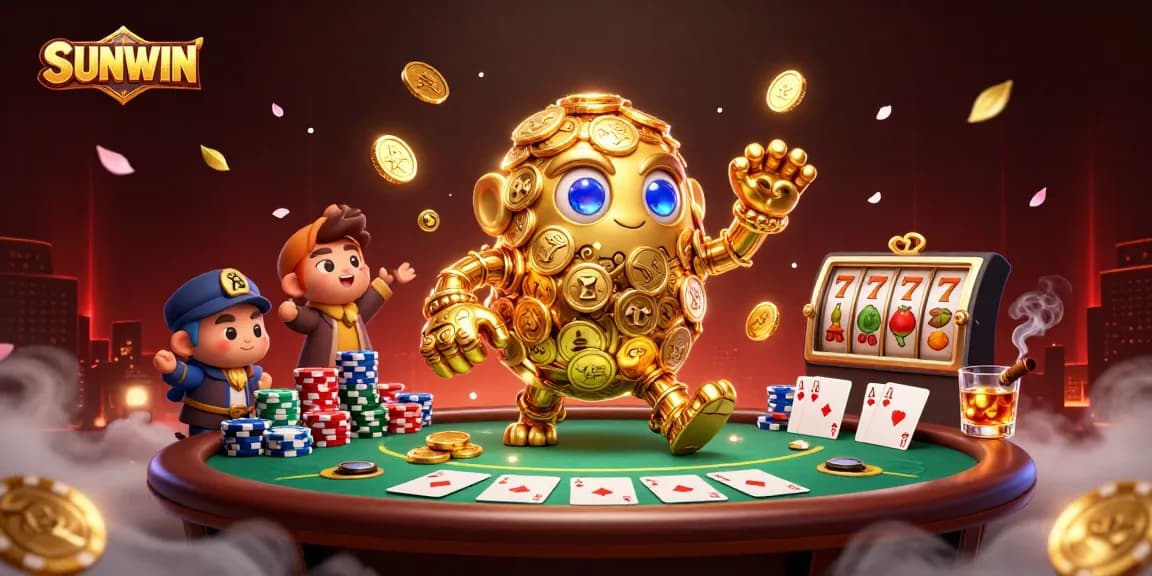 Engage with SUNWIN's vibrant casino scene featuring a golden golem and poker elements.