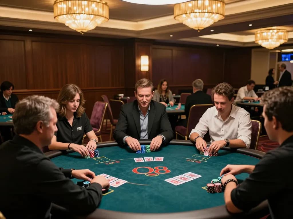 Players enjoying a strategic poker session at O8 casino table, surrounded by vibrant lights and ambiance