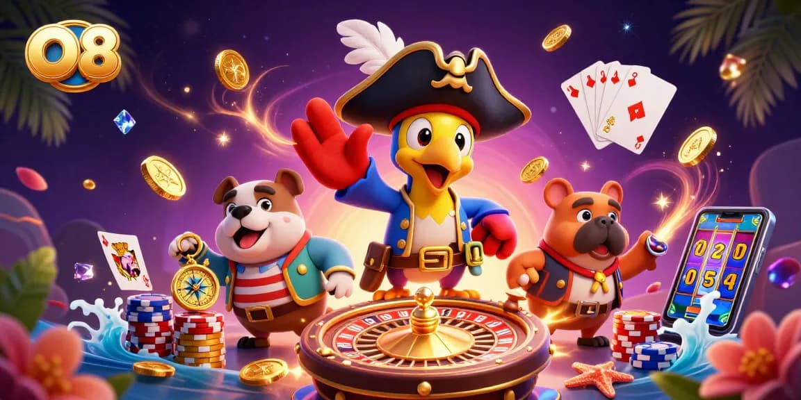 Experience thrilling gaming with O8's vibrant casino scene featuring dynamic characters and glittering elements.