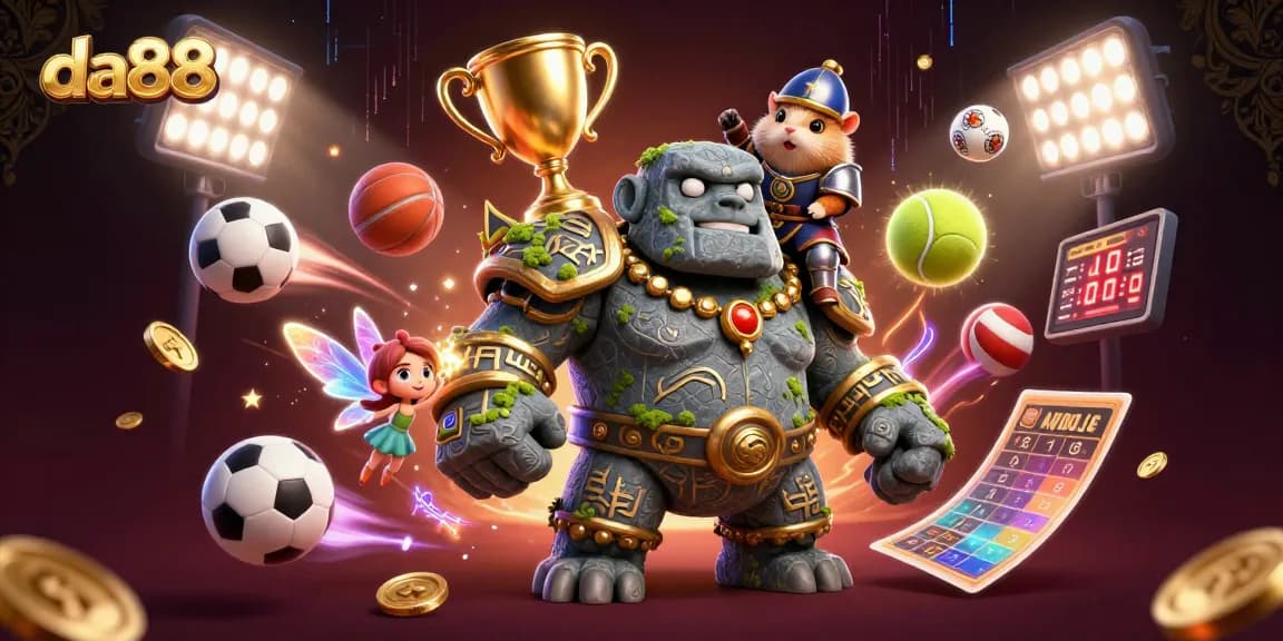 Experience da88 magic with a stone golem, fairy, and knight amid vibrant casino glory.