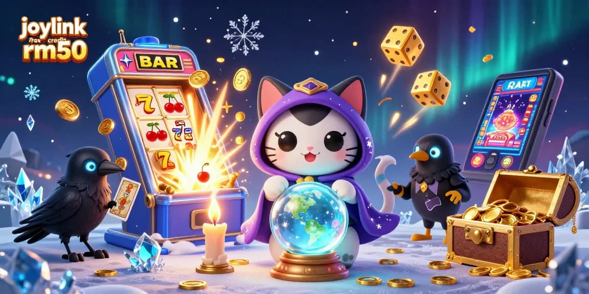 Spin and win with joylink free credit rm50 in an exciting 3D casino illustration featuring vibrant slot elements.