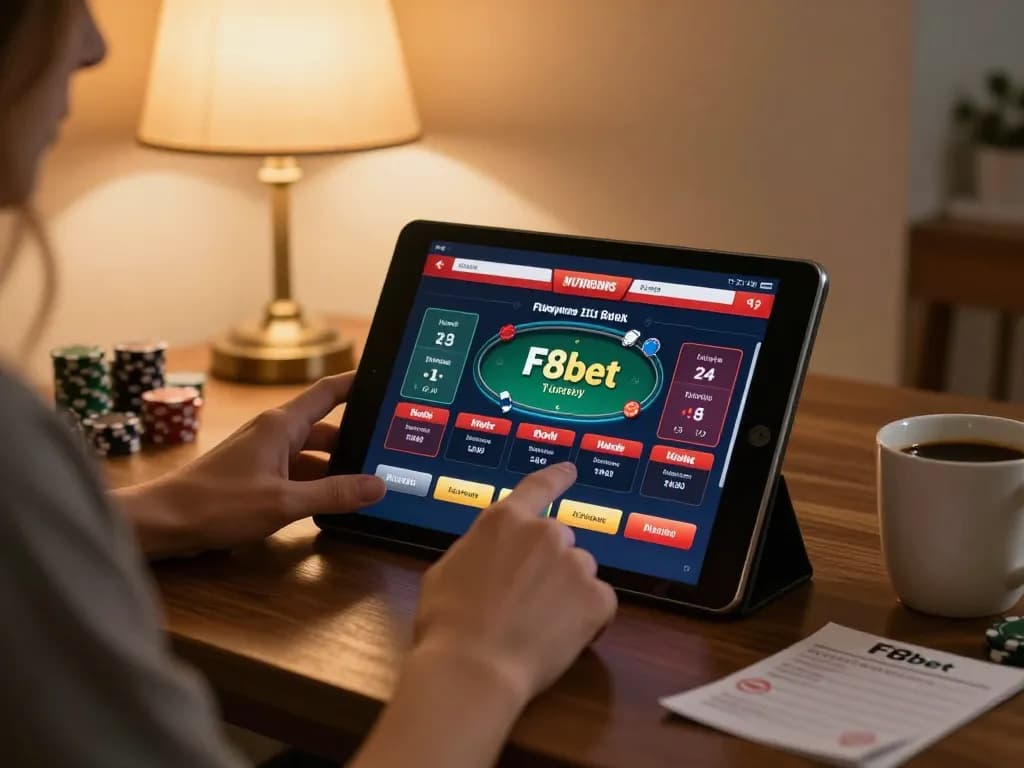 Engaged player enjoying F8bet luxury poker game on tablet in a cozy home environment.