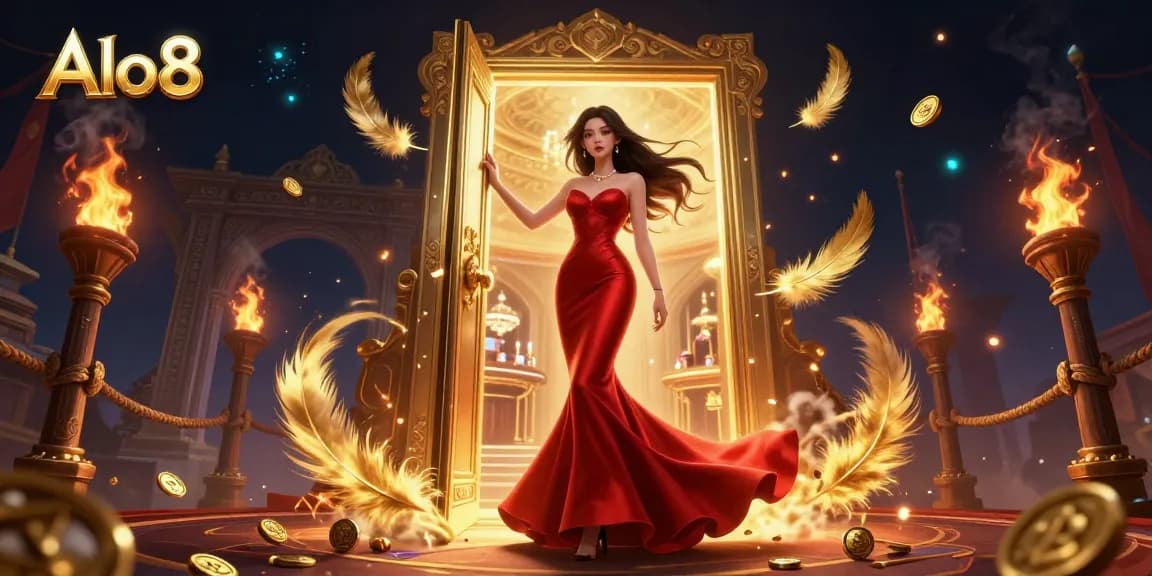 Alo8 captivates players with vibrant casino visuals highlighting a stunning Asian woman in a mermaid gown.
