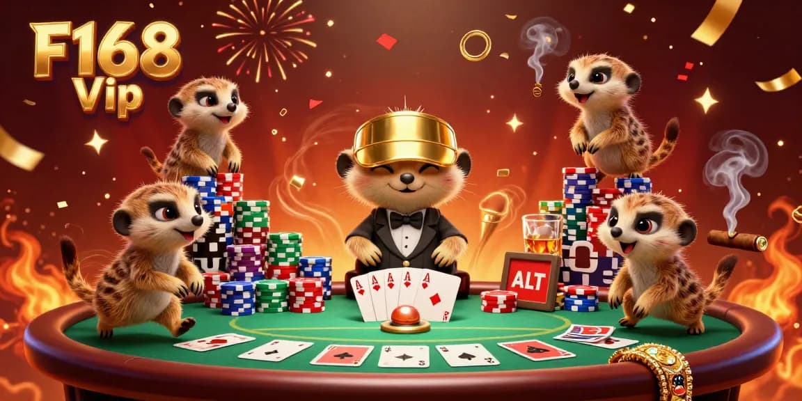 Win big with F168 Vip in this bustling meerkat casino scene featuring poker action and vibrant celebration.