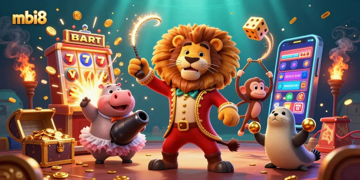 Engage in thrilling gaming at mbi8 with a vibrant, cartoon casino scene featuring action-packed characters and slot games.