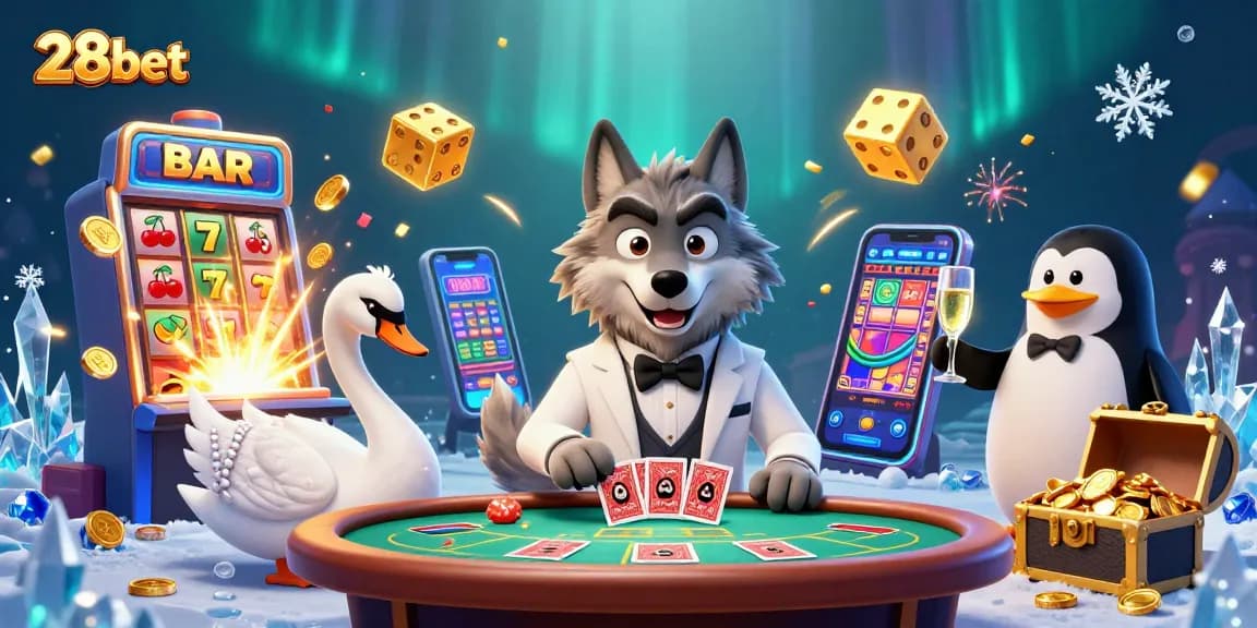 Experience thrilling wins at 28bet, with a vibrant casino scene featuring iconic characters and dynamic gaming elements.