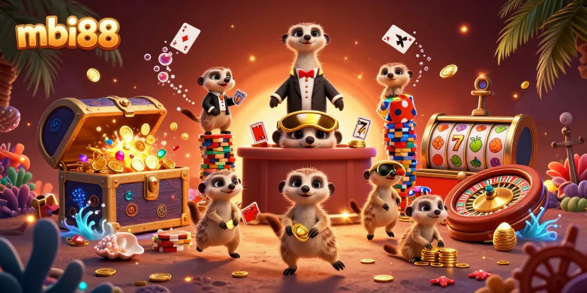 Win big at mbi88 with playful meerkat dealers and vibrant casino elements in a dynamic scene.