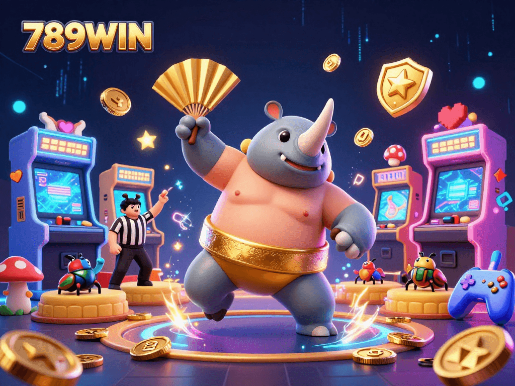 Experience thrilling wins at 789WIN with vibrant casino games, gold coins flying around.
