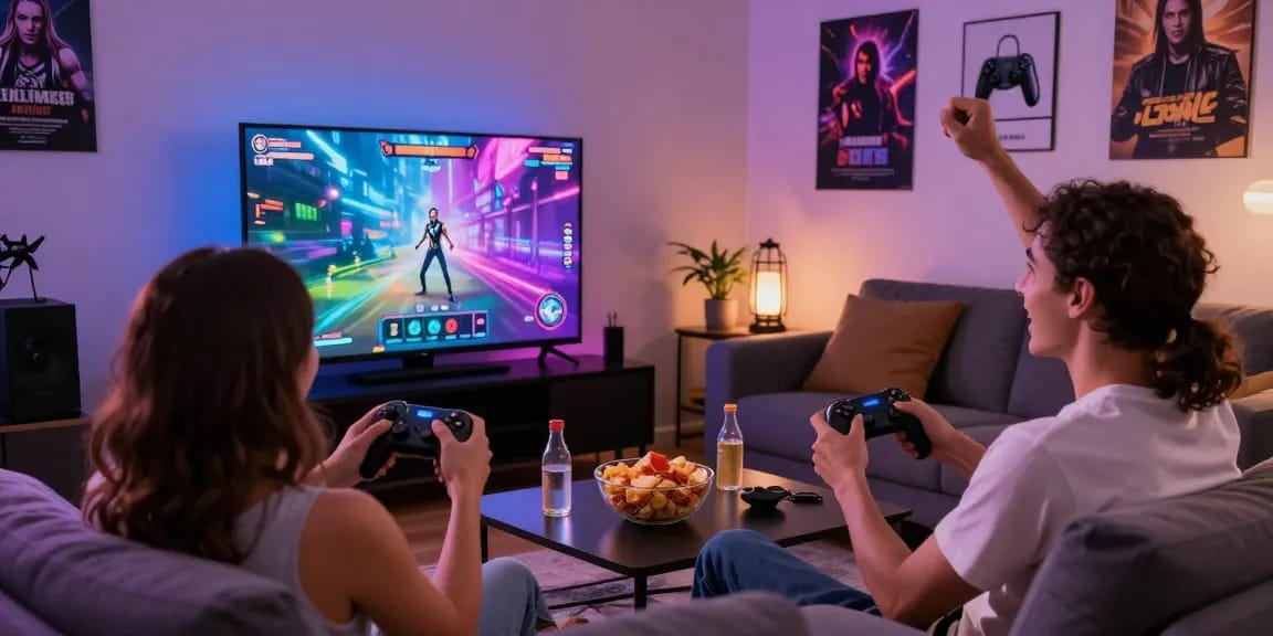 Play porn games with friends in a vibrant living room gaming scene.