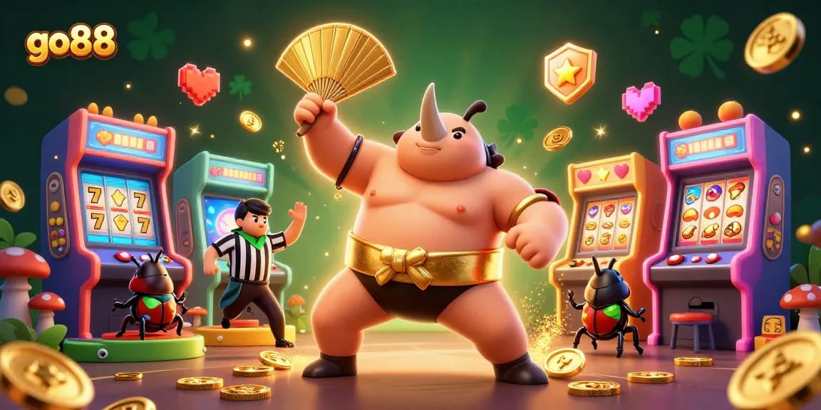 go88 showcases a vibrant casino atmosphere with a powerful sumo champion and electrifying gaming elements.