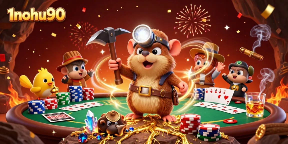 Experience the excitement of 1nohu90 with a treasure hunter mole amid a casino scene.