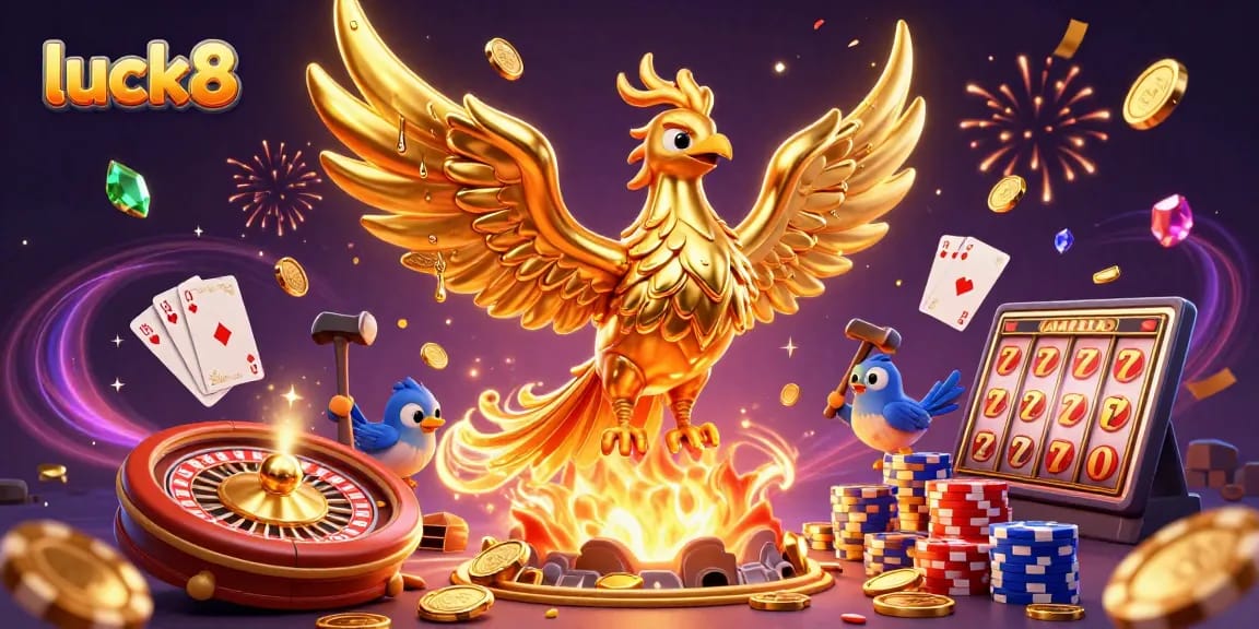 Experience excitement at luck8 with a golden phoenix, swirling coins, and vibrant casino action.