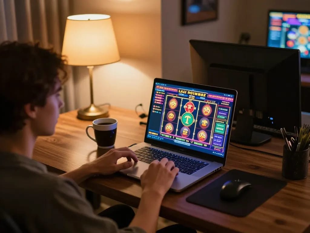 Engaging with xx88 online slots on a cozy gaming setup with warm lighting.