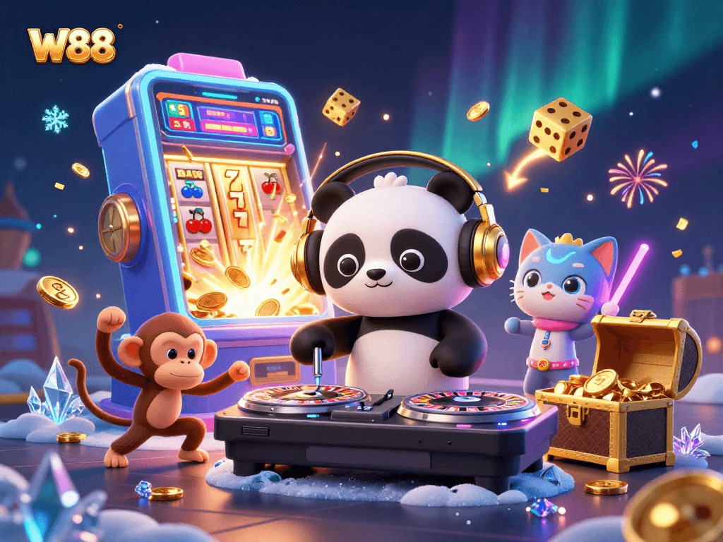 Experience the thrill of W88 with a vibrant casino scene featuring a DJ panda and slot machine explosion.