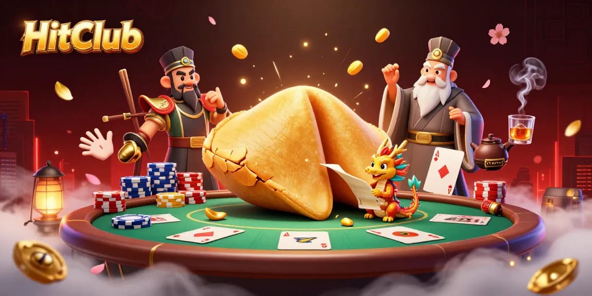 HitClub offers thrilling gaming with a giant golden fortune cookie and poker elements in a vibrant scene.