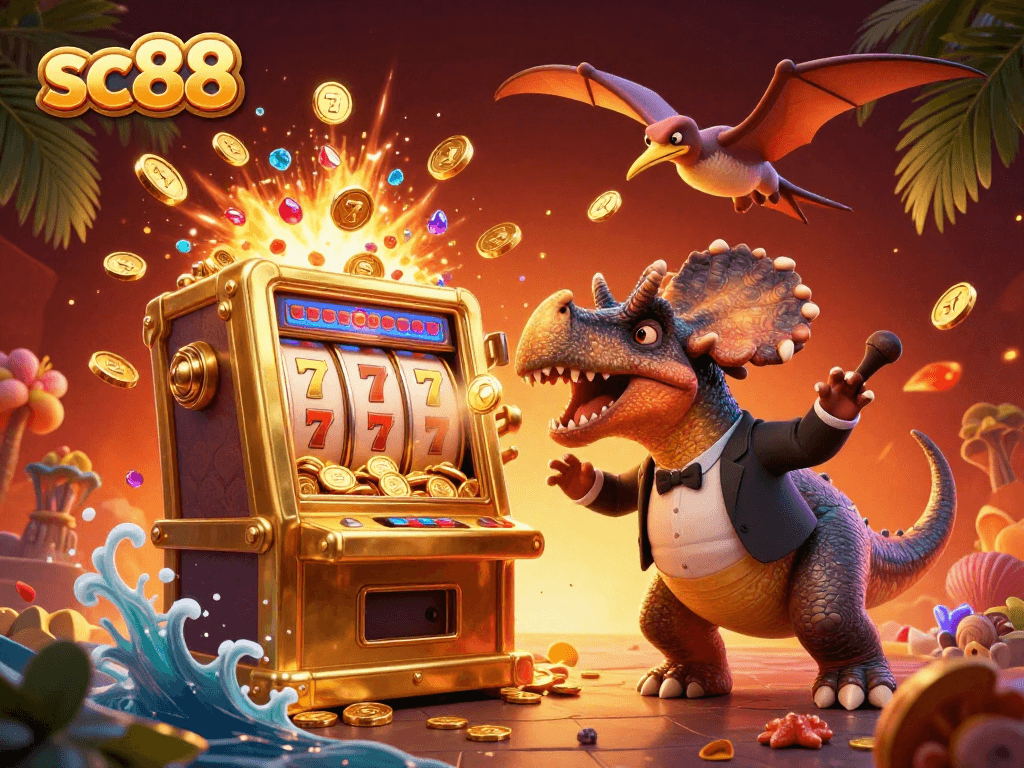 sc88 celebrates a jackpot win with a pachycephalosaurus and golden coins raining down.