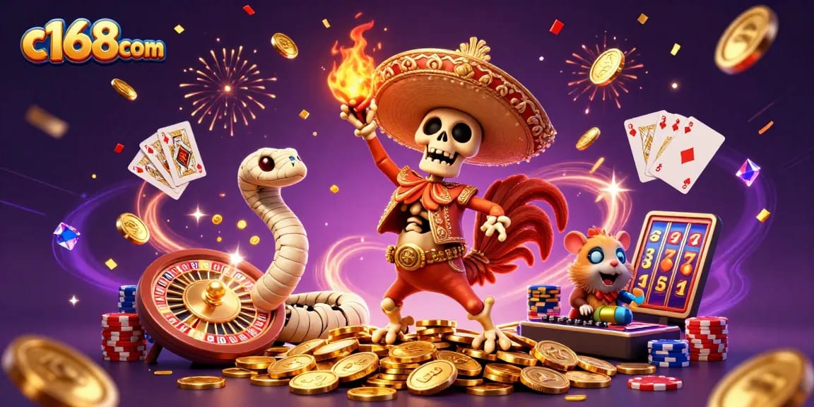 Experience thrilling wins at c168com with a vibrant casino scene featuring dynamic characters and games.