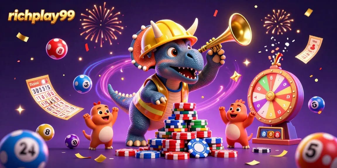 Experience excitement with richplay99 in a vibrant 3D casino illustration full of action!