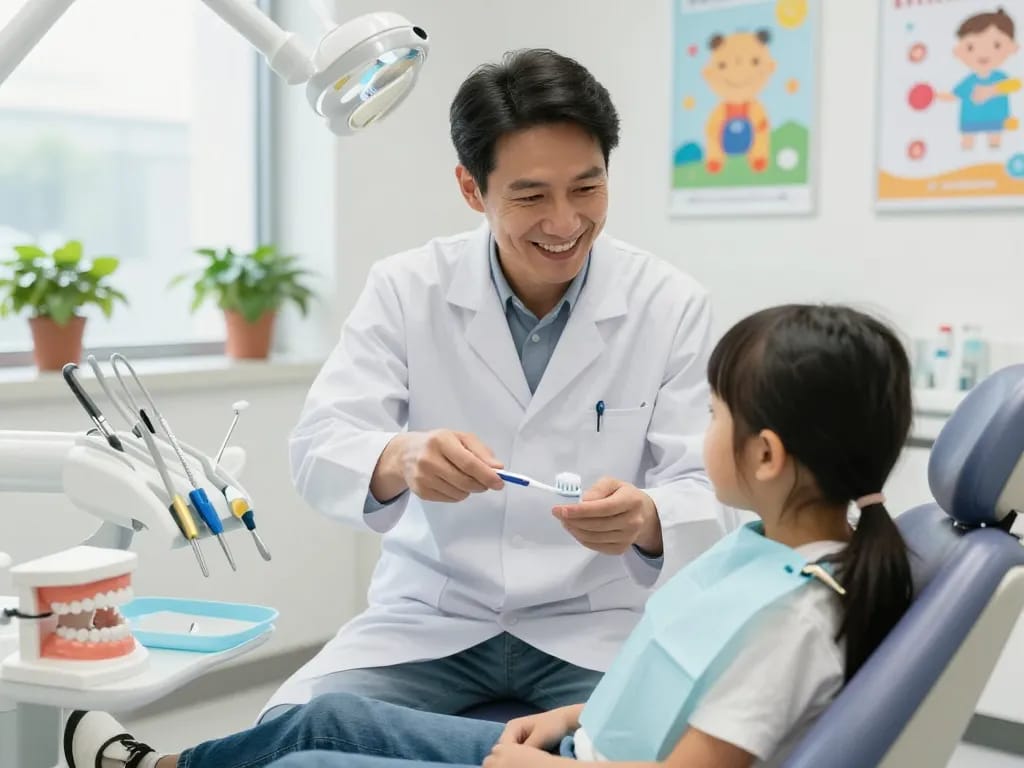 Engaging pediatric dentist explains dental health to a child in a cheerful dental clinic near me.