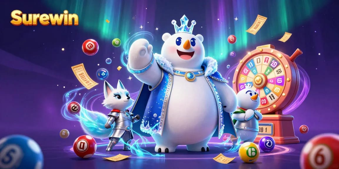 Surewin enhances excitement with a dynamic 3D casino scene featuring vibrant lottery elements.