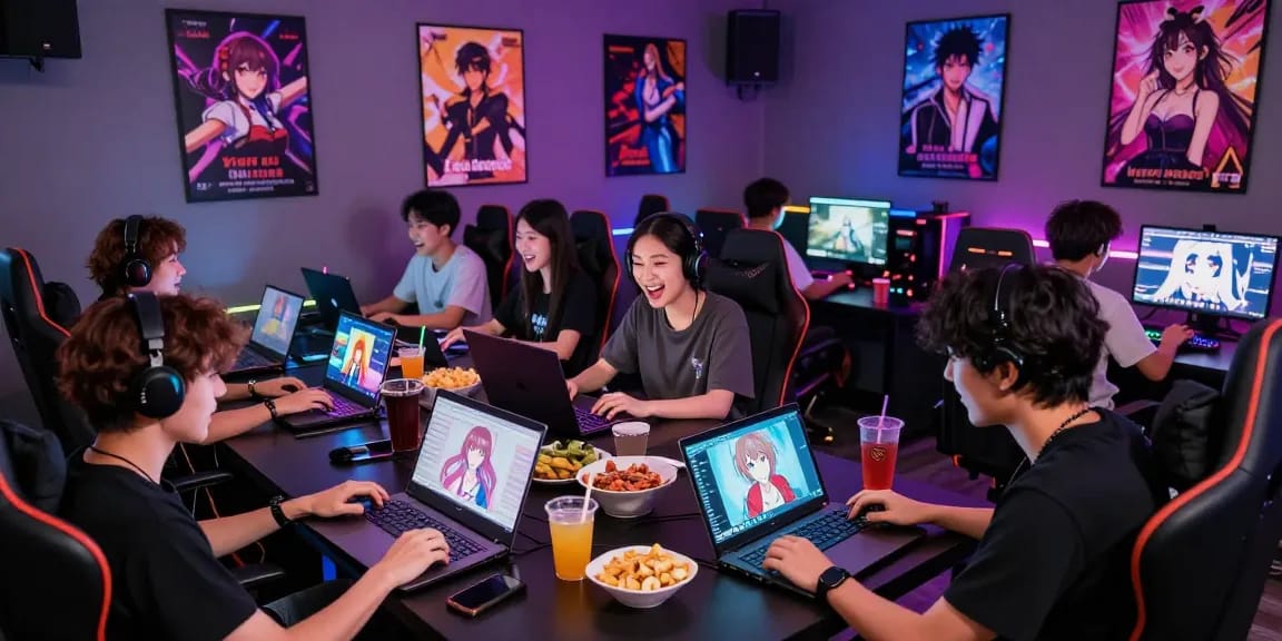Engaging scene of friends playing ecchi games in a colorful gaming lounge atmosphere.