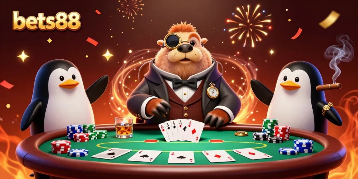 Experience thrilling poker action at bets88 with a jolly walrus, penguin dealer, and a bluffing pufferfish