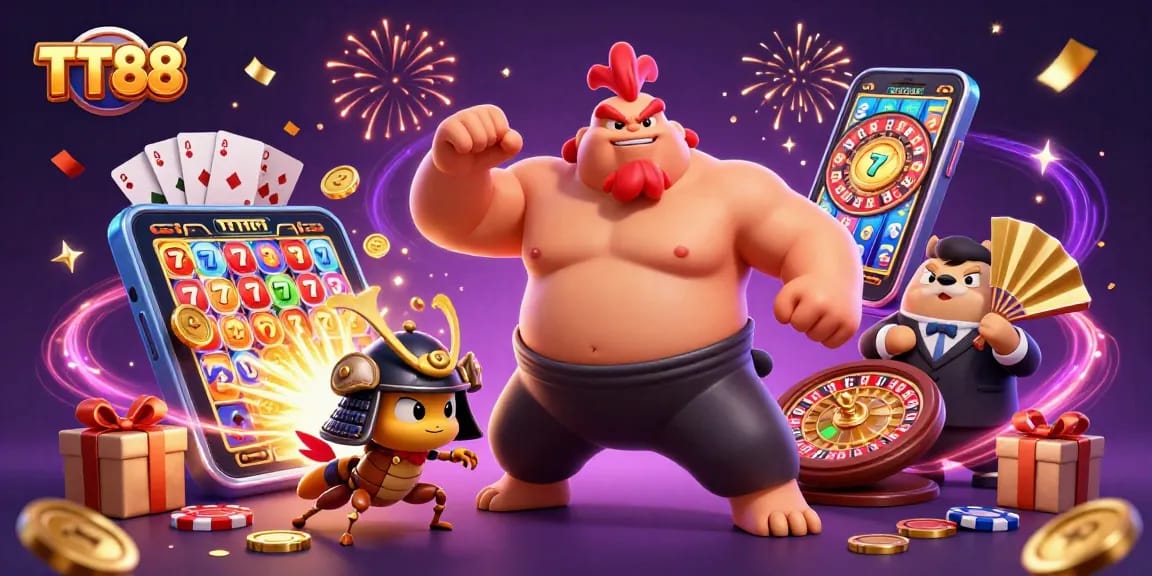 Experience thrilling gameplay at TT88 with a dynamic scene featuring a powerful sumo wrestler, fierce cricket, and casino games.