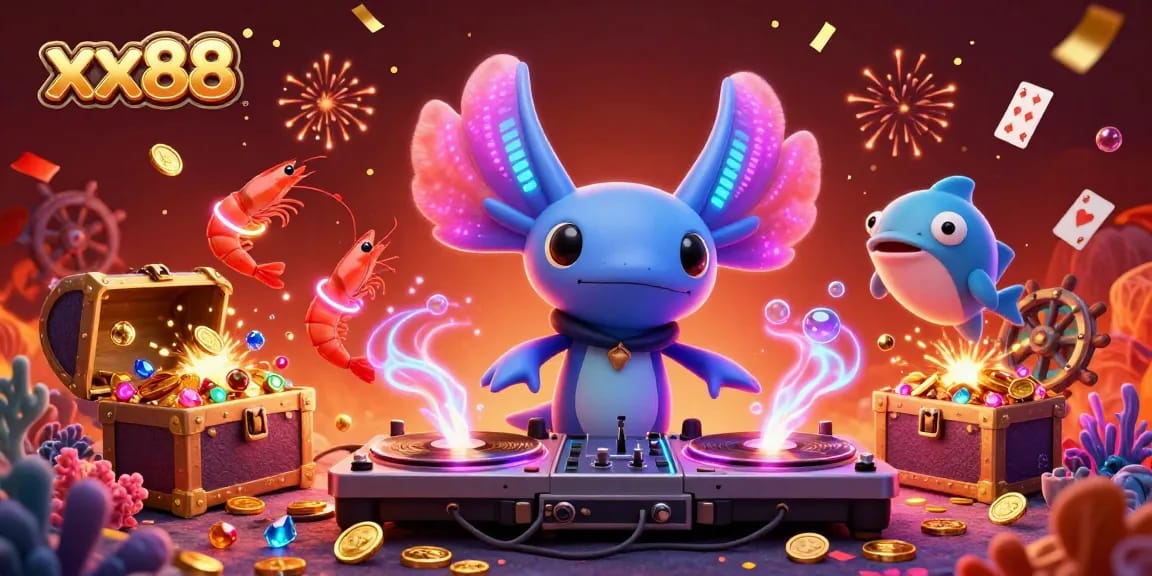 Experience the thrill of winning at xx88 with a vibrant underwater casino scene featuring colorful characters and sparkling gems.