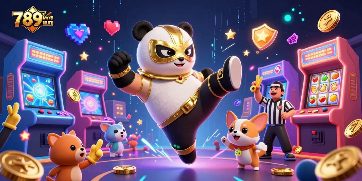 Experience thrilling moments with 789wintm's animated casino scene featuring a wrestler panda kicking in excitement.