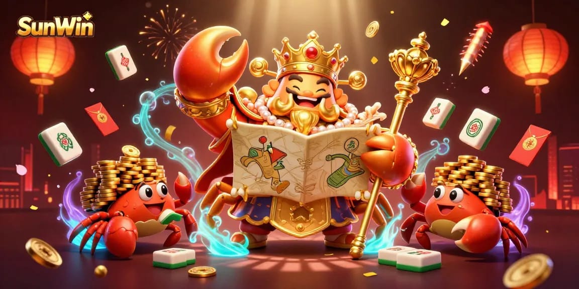 Win big with SunWin at a vibrant gaming scene featuring golden treasures and lively animations.