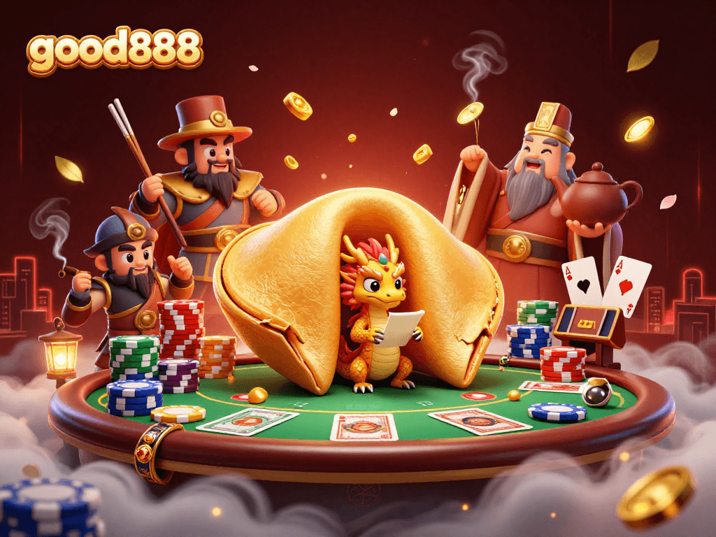 Experience good888's vibrant casino atmosphere featuring a golden fortune cookie and engaging gambling elements.