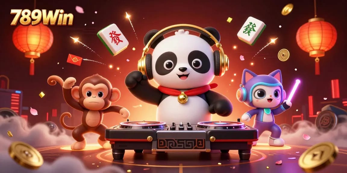 Join the fun at 789Win with vibrant casino-themed characters and interactive elements in a dazzling scene.
