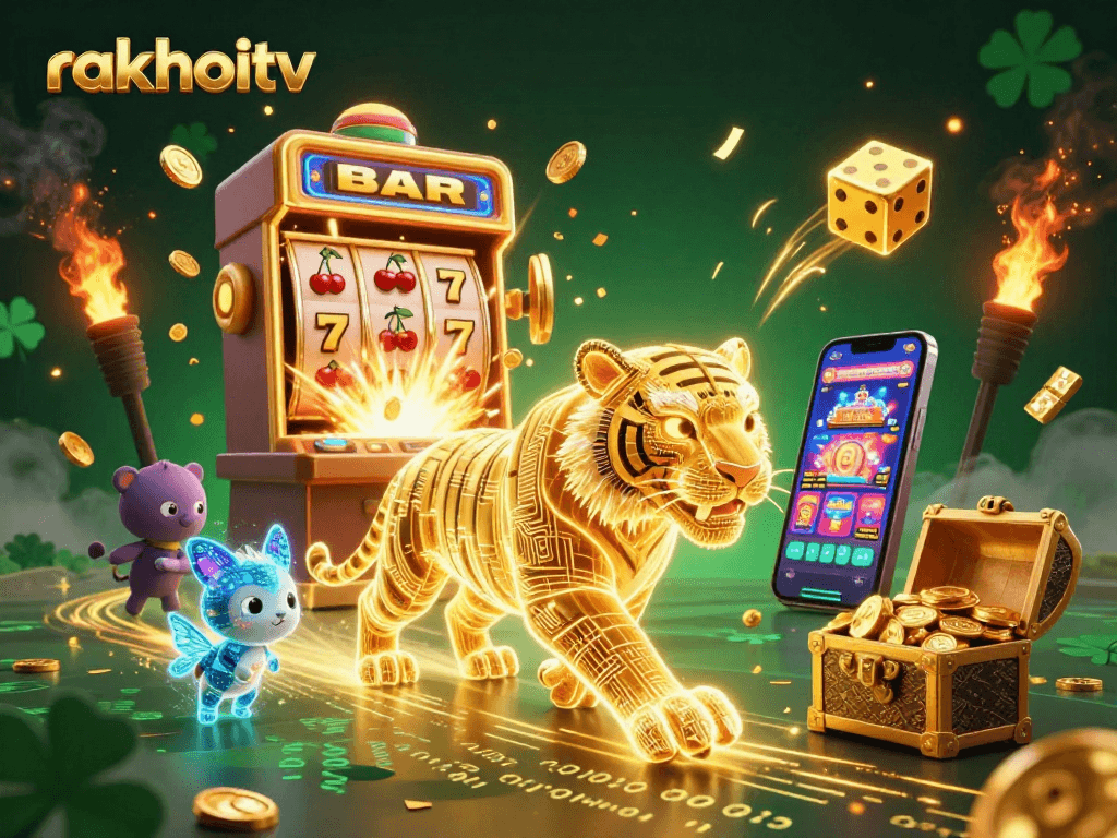 Engage with rakhoitv in this dynamic virtual casino scene featuring a golden tiger and jackpot elements.