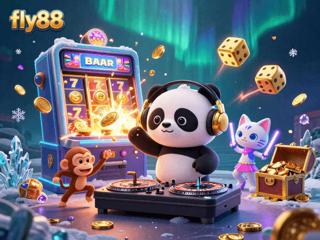 Engage with fly88 in a vibrant casino scene featuring a DJ panda and winning jackpots.