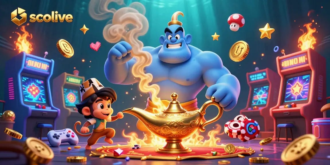 Socolive showcases an energetic scene with a blue genie, monkey, and magic carpet surrounded by casino gaming elements.