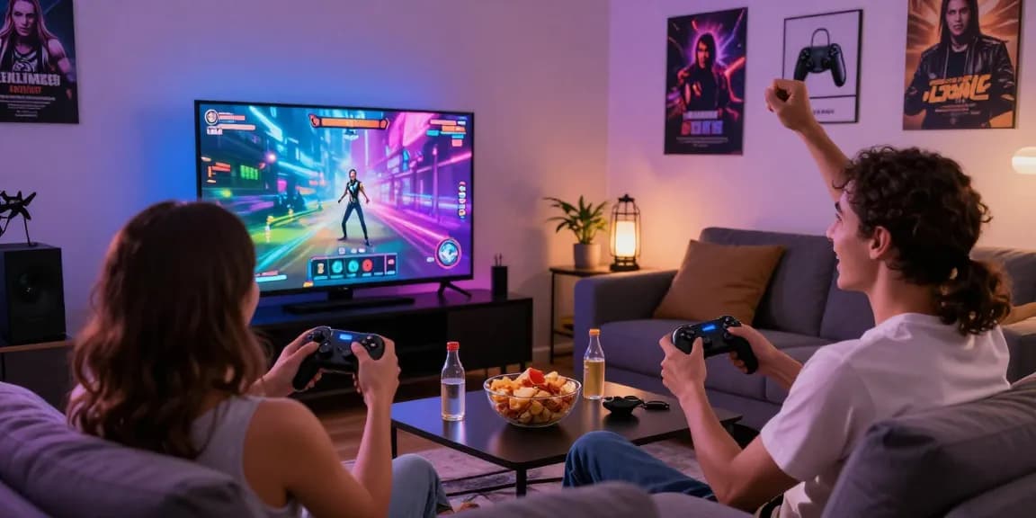 Play porn games with friends in a vibrant living room gaming scene.