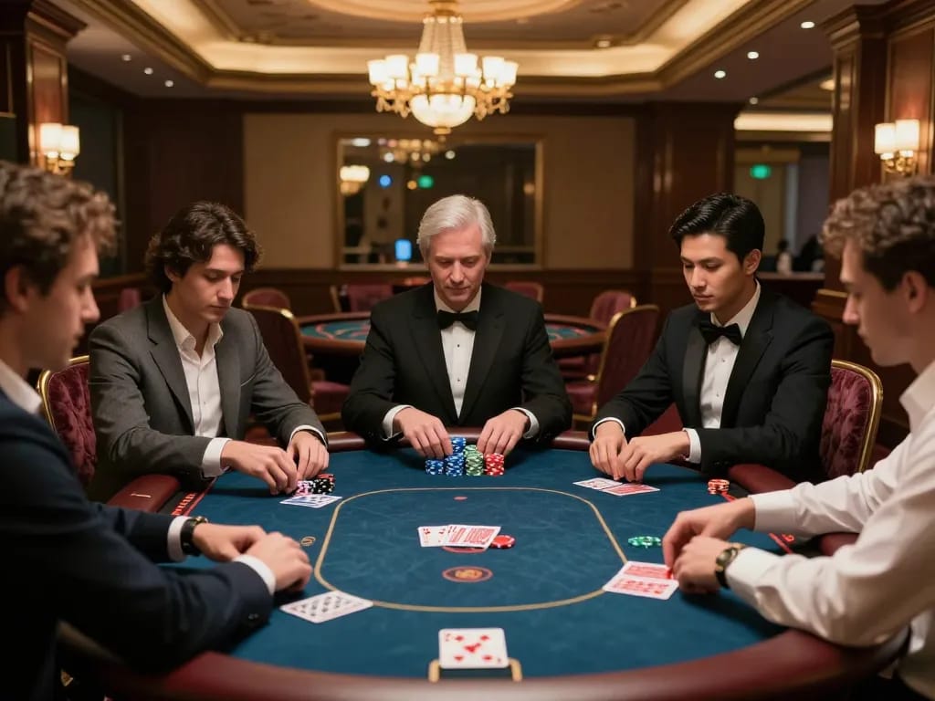 Players strategizing with chips at a luxurious table in GG88's upscale casino.