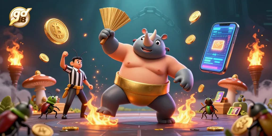Experience thrilling gaming moments with go 88 as a rhinoceros beetle stomps golden coins in a vibrant crypto casino scene.