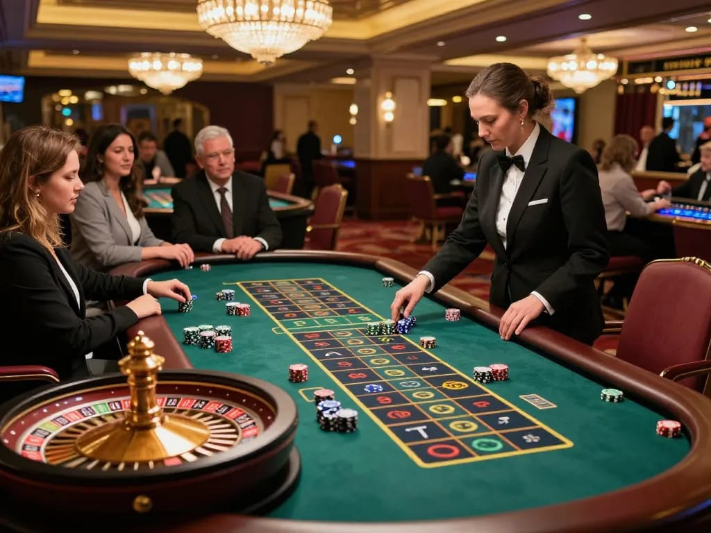 Experience the excitement of GG88 as players cheer around a roulette table in a vibrant casino setting.
