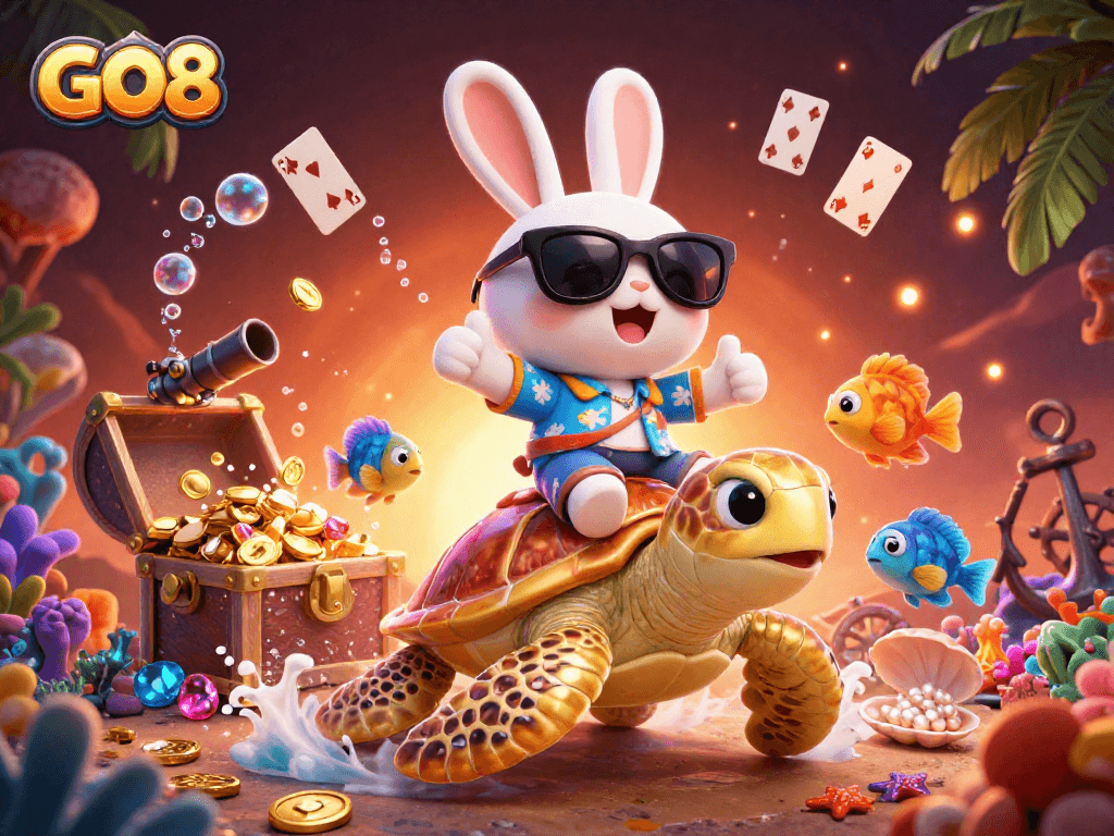 Engage with the vibrant GO8 online casino experience featuring cartoon characters and aquatic elements.