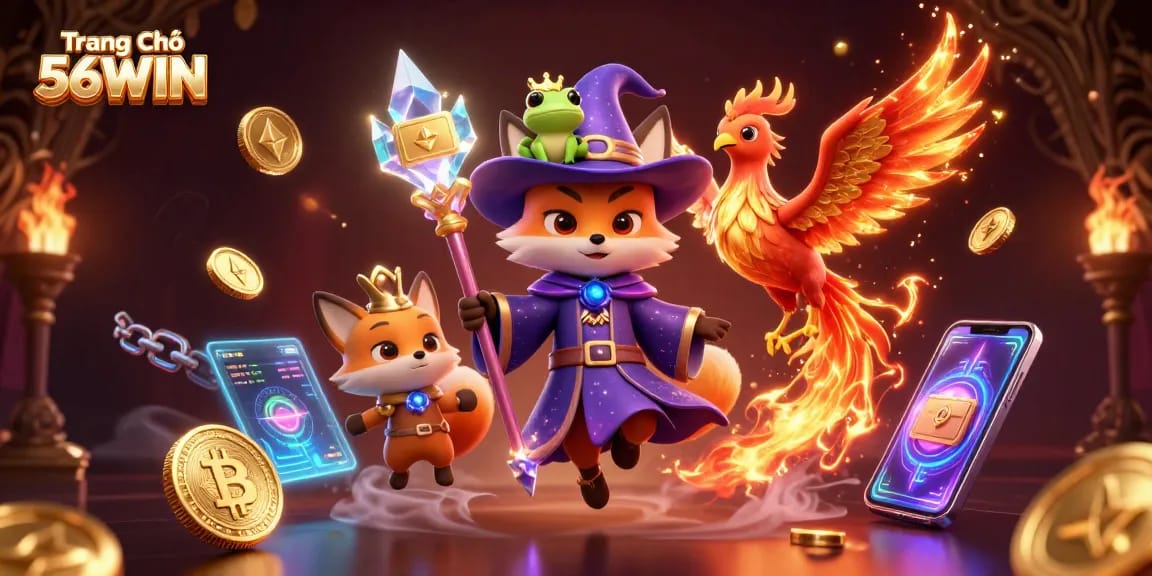 Engage in the thrilling world of Trang Chủ 56WIN with a magical depiction of a cartoon wizard and phoenix!