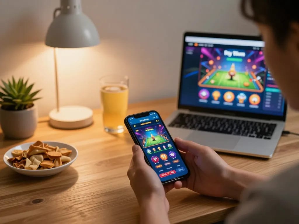 Engaged in online gaming, using a mobile app for game đổi thưởng uy tín with a modern cozy setup.