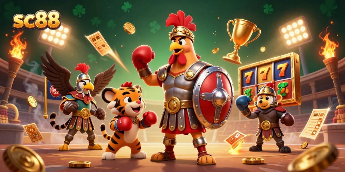 Experience thrilling slot wins with sc88 in this vibrant 3D casino illustration.