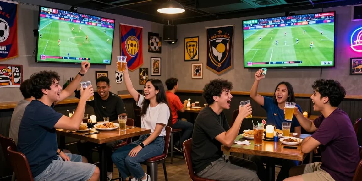 Football betting Malaysia scene in a lively sports bar, friends celebrating a goal together.