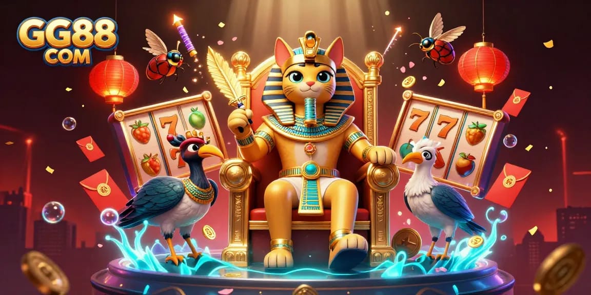 Engage in thrilling gaming at GG88 COM with the vibrant Pharaoh cat and dynamic gambling elements.